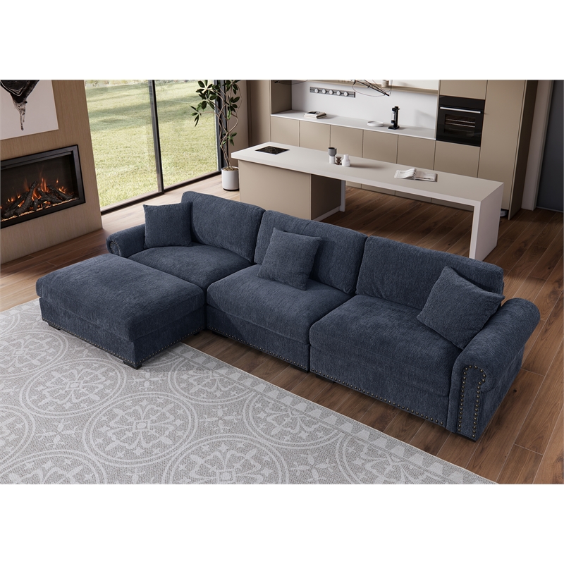 Pemberly Row Modern Polyester Large Sectional Sofa Couch in Dark Blue