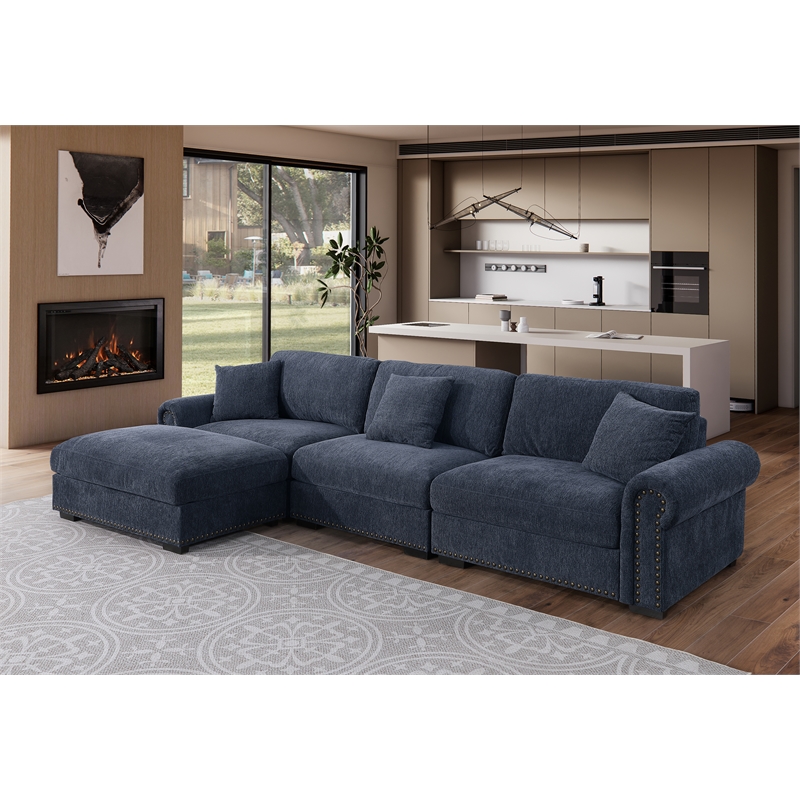 Pemberly Row Modern Polyester Large Sectional Sofa Couch in Dark Blue