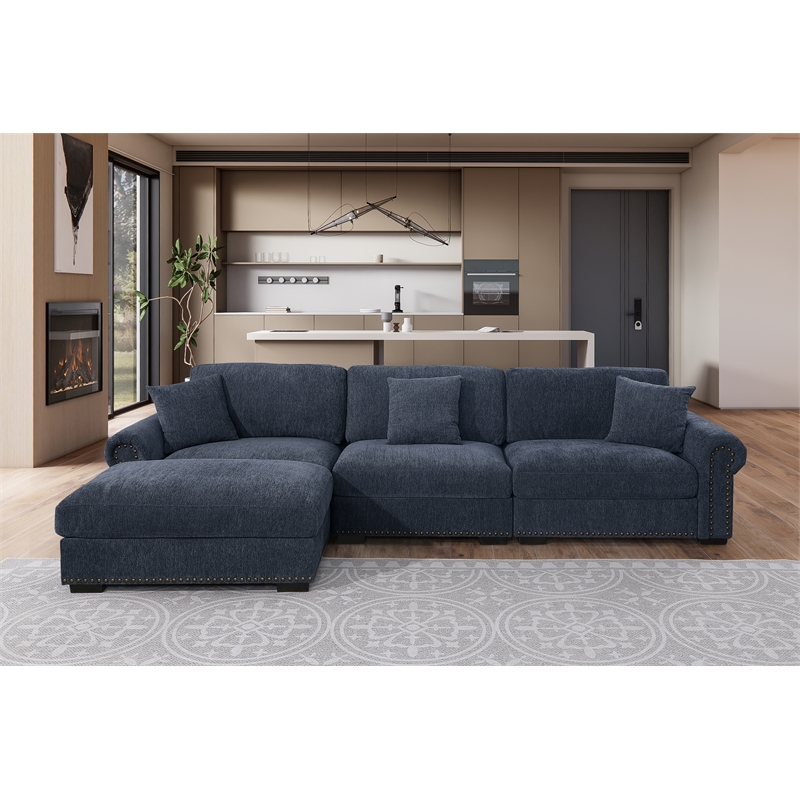 Pemberly Row Modern Polyester Large Sectional Sofa Couch in Dark Blue