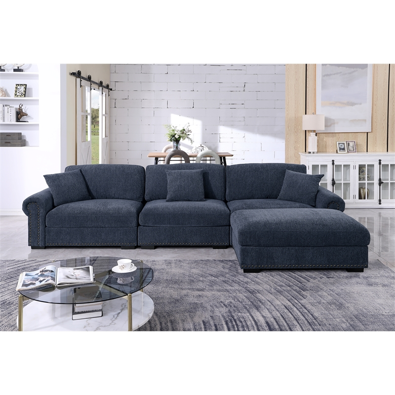 Pemberly Row Modern Polyester Large Sectional Sofa Couch in Dark Blue