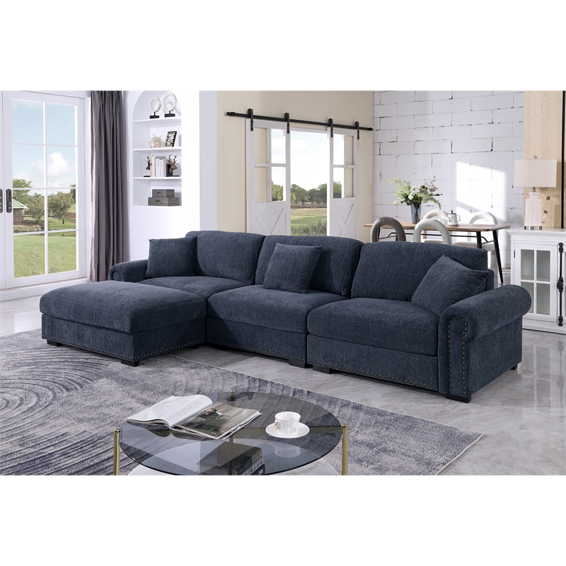 Pemberly Row Modern Polyester Large Sectional Sofa Couch in Dark Blue