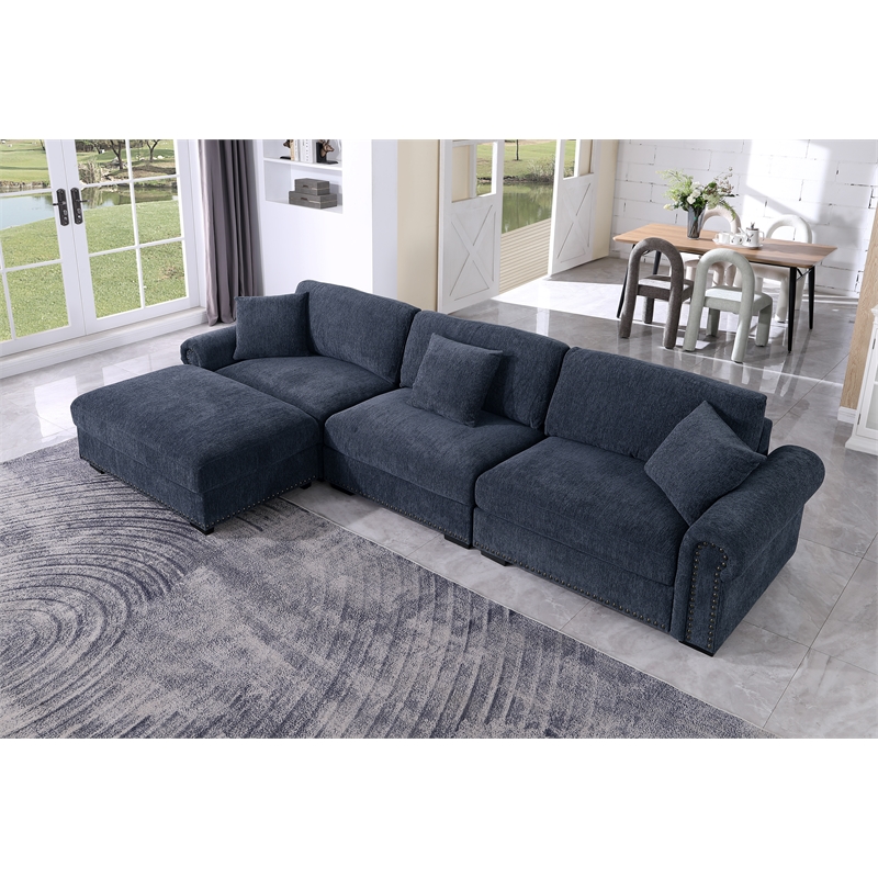 Pemberly Row Modern Polyester Large Sectional Sofa Couch in Dark Blue