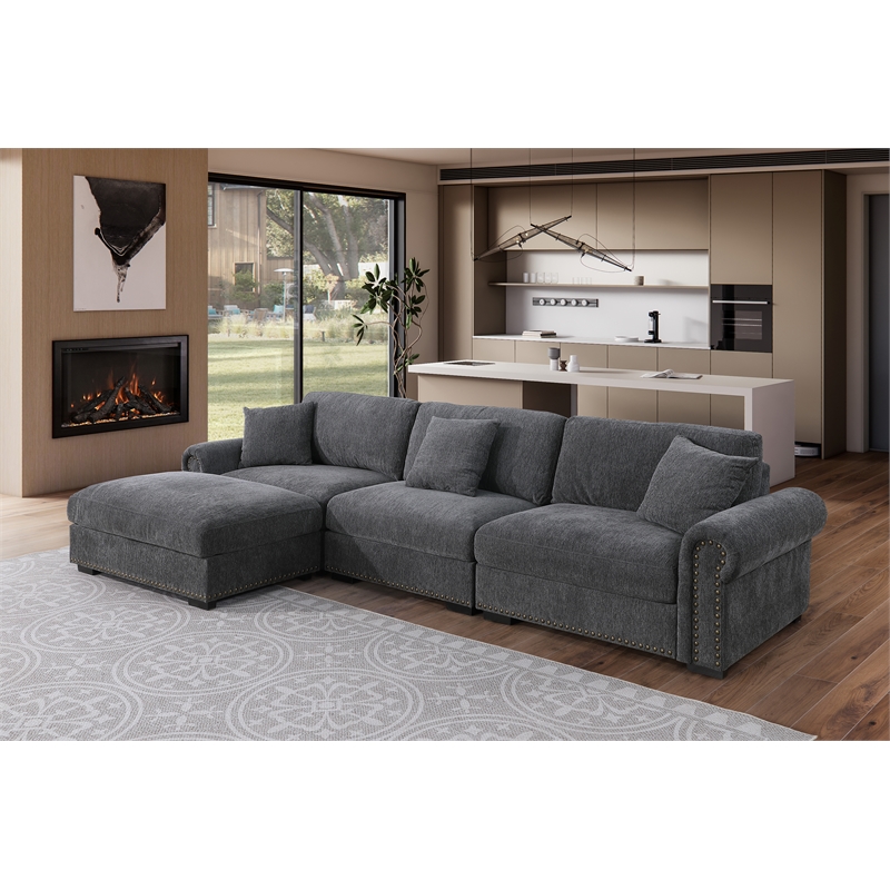 Pemberly Row Modern Polyester Large Sectional Sofa Couch in Dark Gray