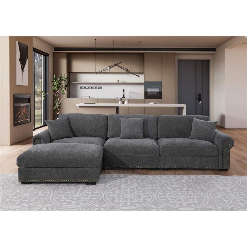 Pemberly Row Modern Polyester Large Sectional Sofa Couch in Dark Gray
