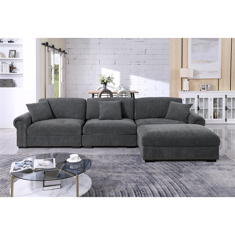 Pemberly Row Modern Polyester Large Sectional Sofa Couch in Dark Gray