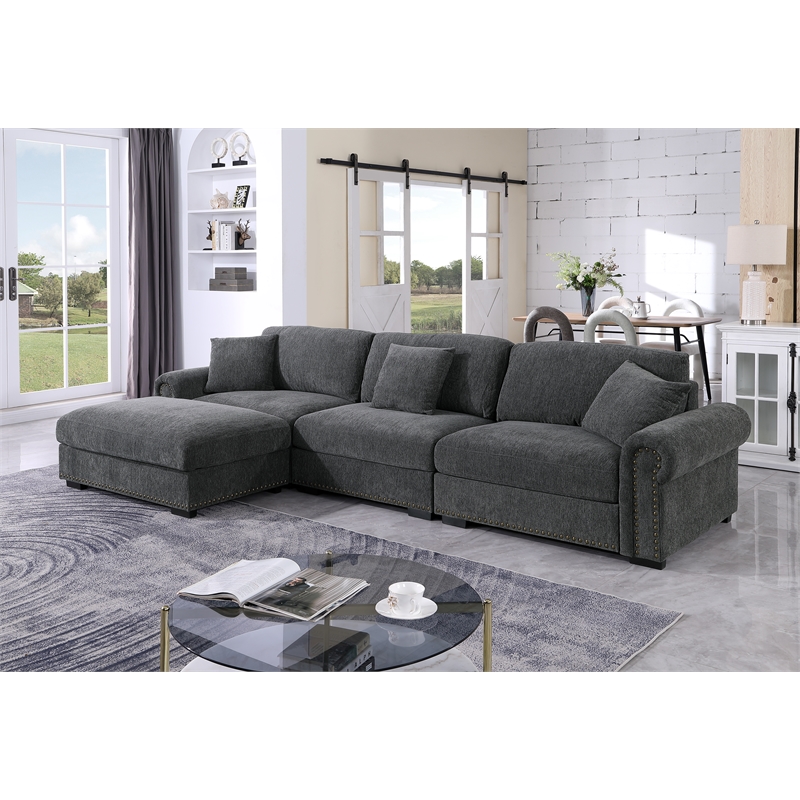 Pemberly Row Modern Polyester Large Sectional Sofa Couch in Dark Gray