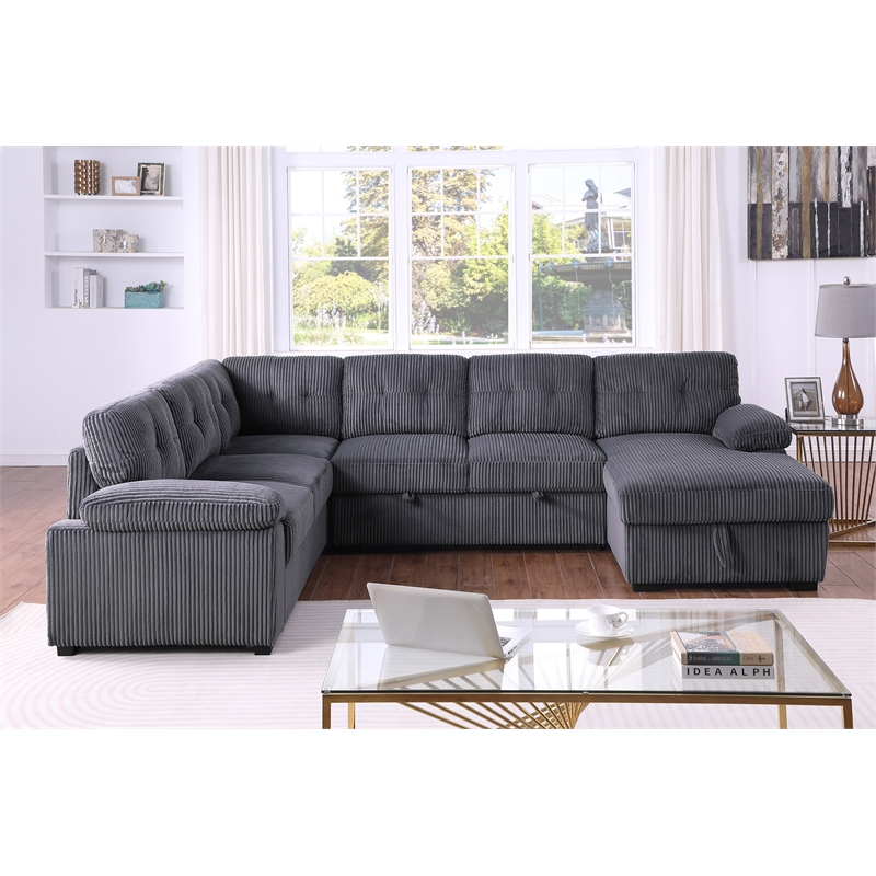 Pemberly Row Corduroy Sleeper Sofa Bed with Storage Chaise in Dark Gray
