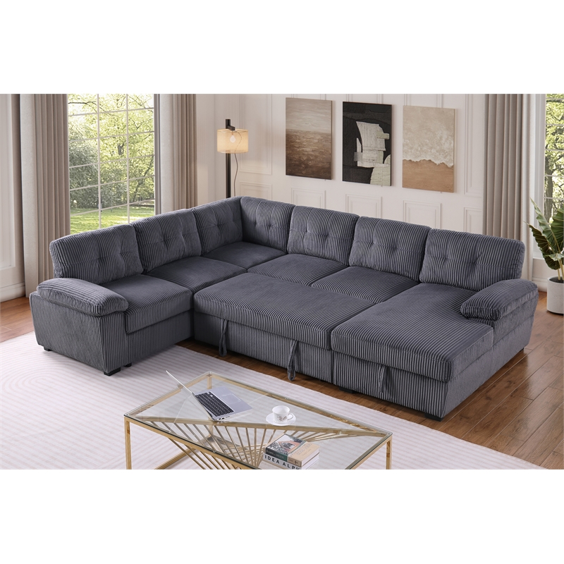 Pemberly Row Corduroy Sleeper Sofa Bed with Storage Chaise in Dark Gray