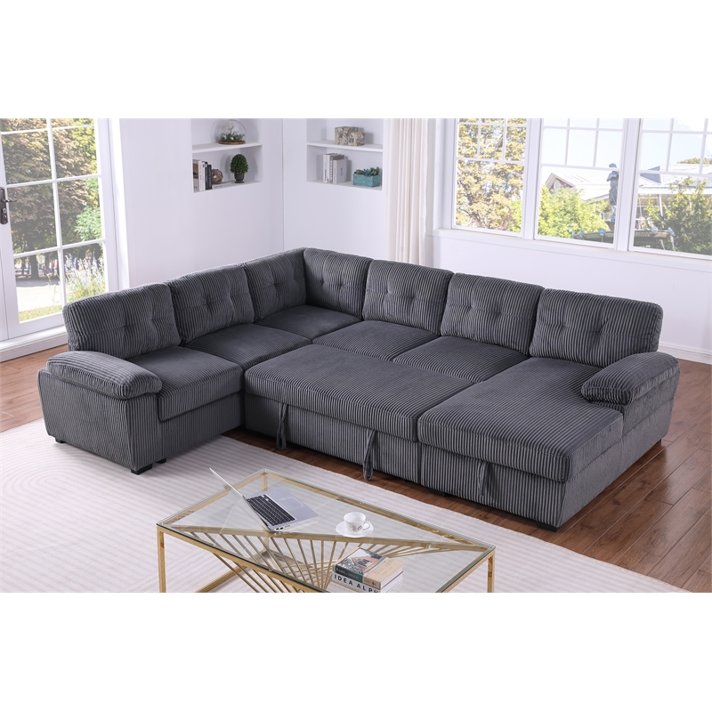 Pemberly Row Corduroy Sleeper Sofa Bed with Storage Chaise in Dark Gray