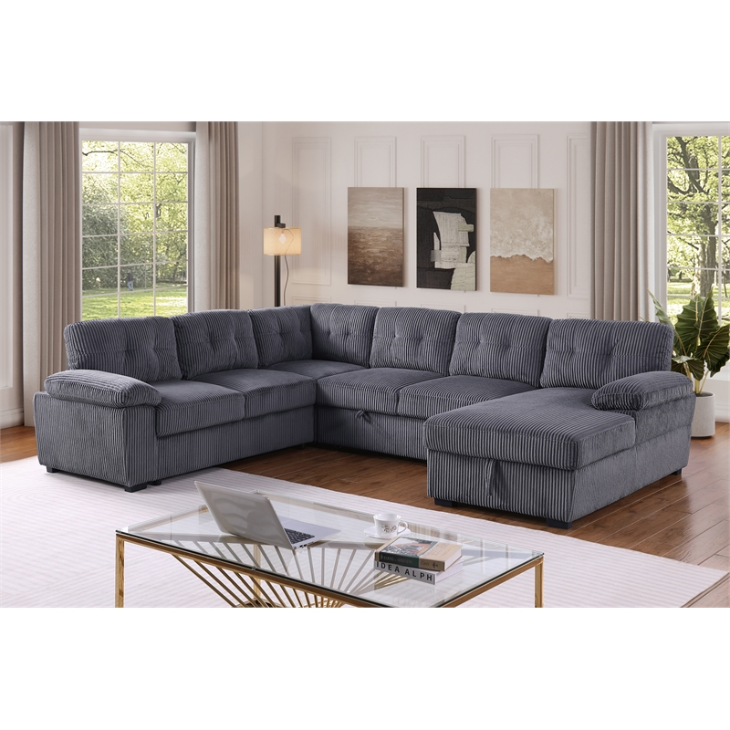 Pemberly Row Corduroy Sleeper Sofa Bed with Storage Chaise in Dark Gray