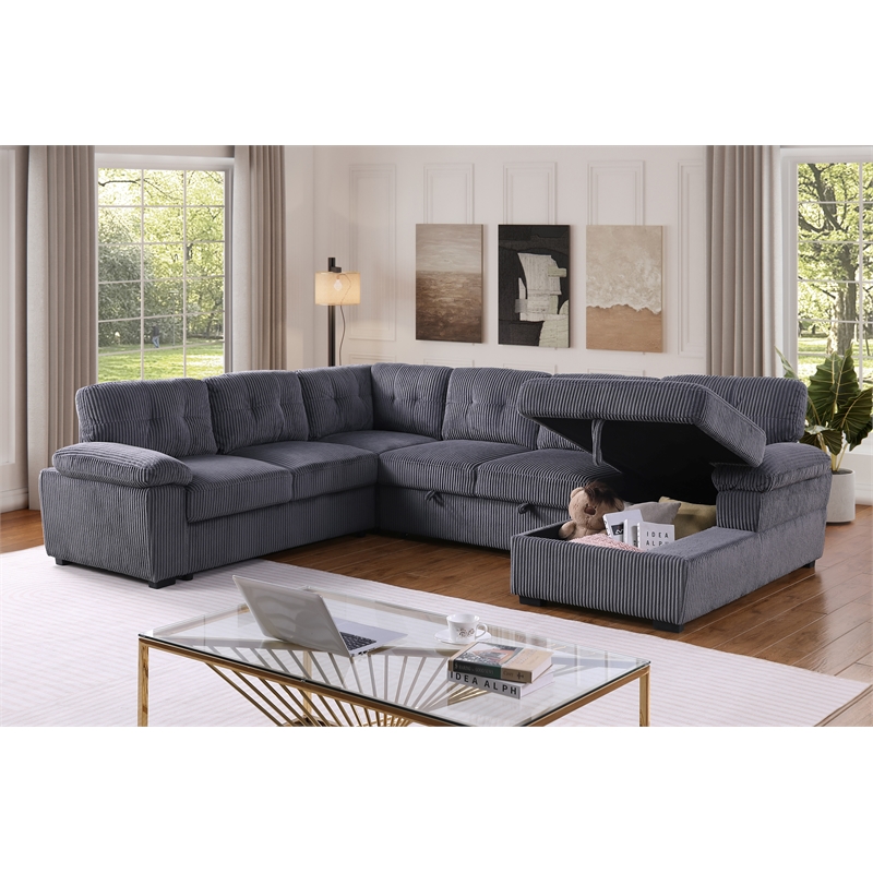 Pemberly Row Corduroy Sleeper Sofa Bed with Storage Chaise in Dark Gray