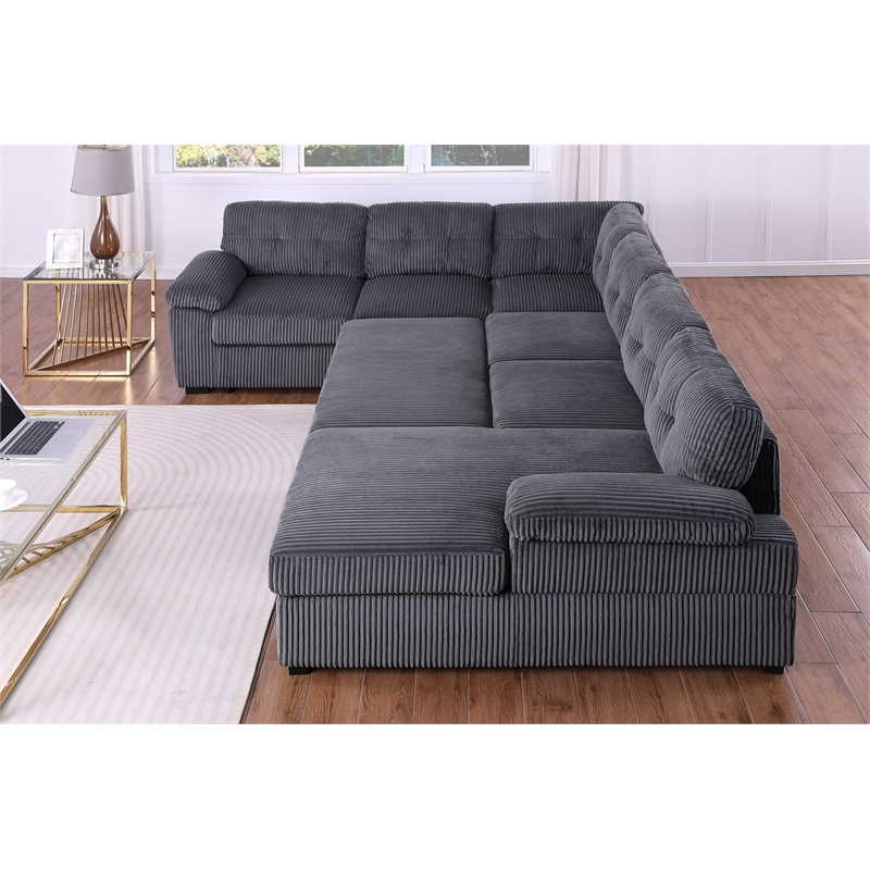 Pemberly Row Corduroy Sleeper Sofa Bed with Storage Chaise in Dark Gray