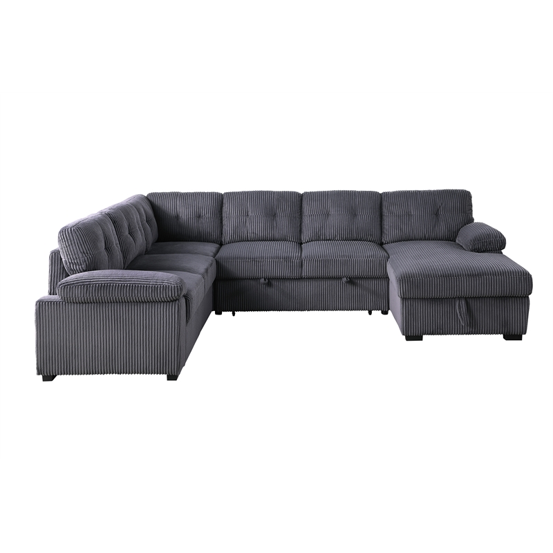 Pemberly Row Corduroy Sleeper Sofa Bed with Storage Chaise in Dark Gray