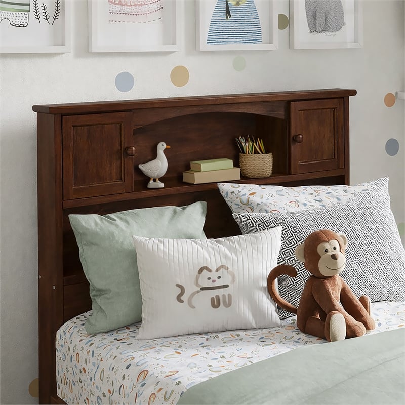 Pemberly Row Twin Wood Foundation Bed with Bookcase Headboard in Walnut