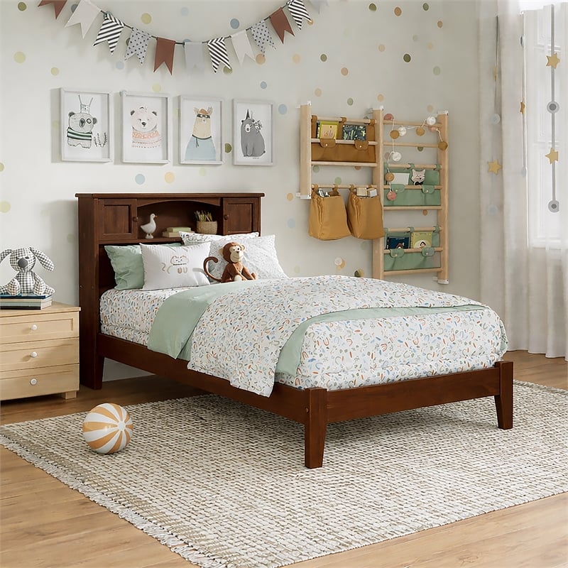 Pemberly Row Twin Wood Foundation Bed with Bookcase Headboard in Walnut