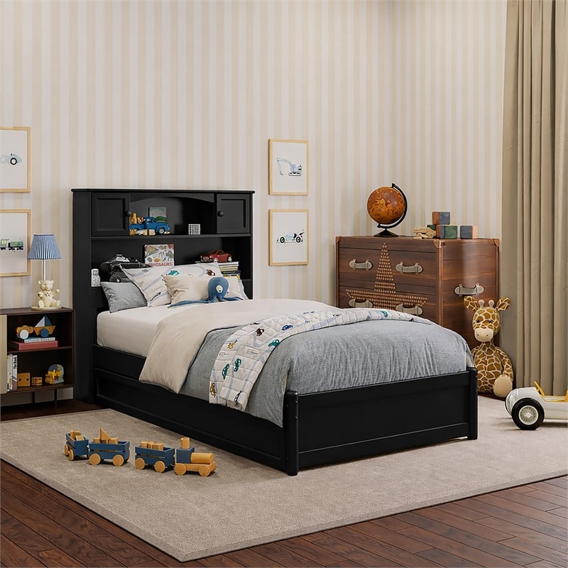 Pemberly Row Twin Wood Platform Bed with Twin Trundle in Black