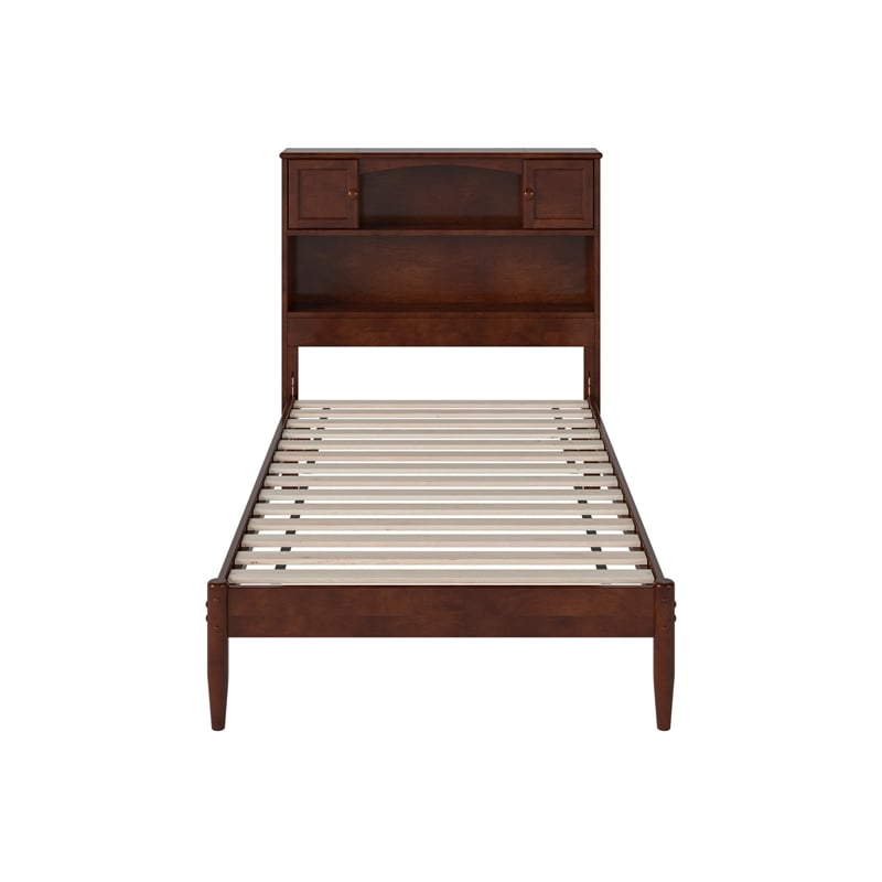 Pemberly Row Twin Wood Platform Bed with Storage Headboard in Walnut