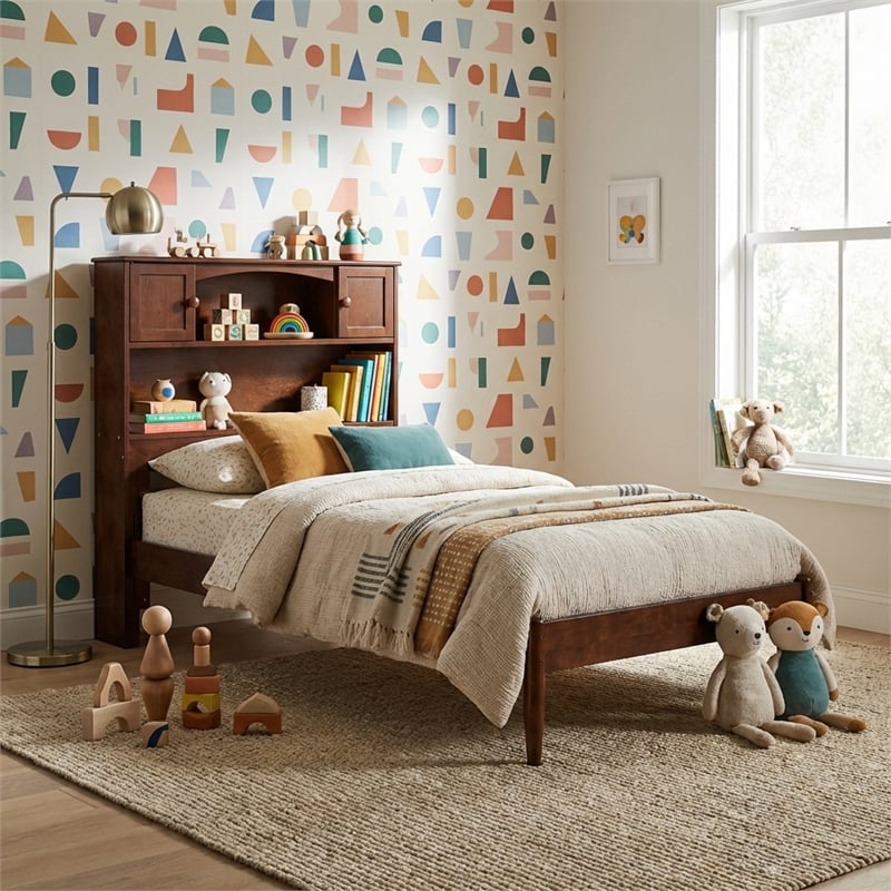 Pemberly Row Twin Wood Platform Bed with Storage Headboard in Walnut
