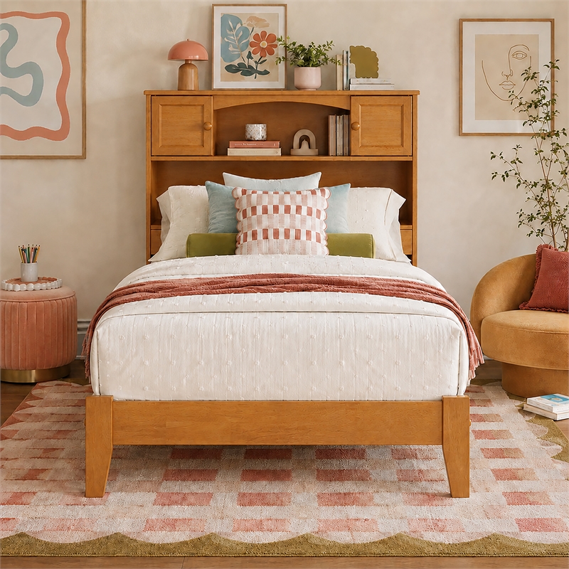 Pemberly Row Twin XL Foundation Bed with Bookcase Headboard in Light Toffee
