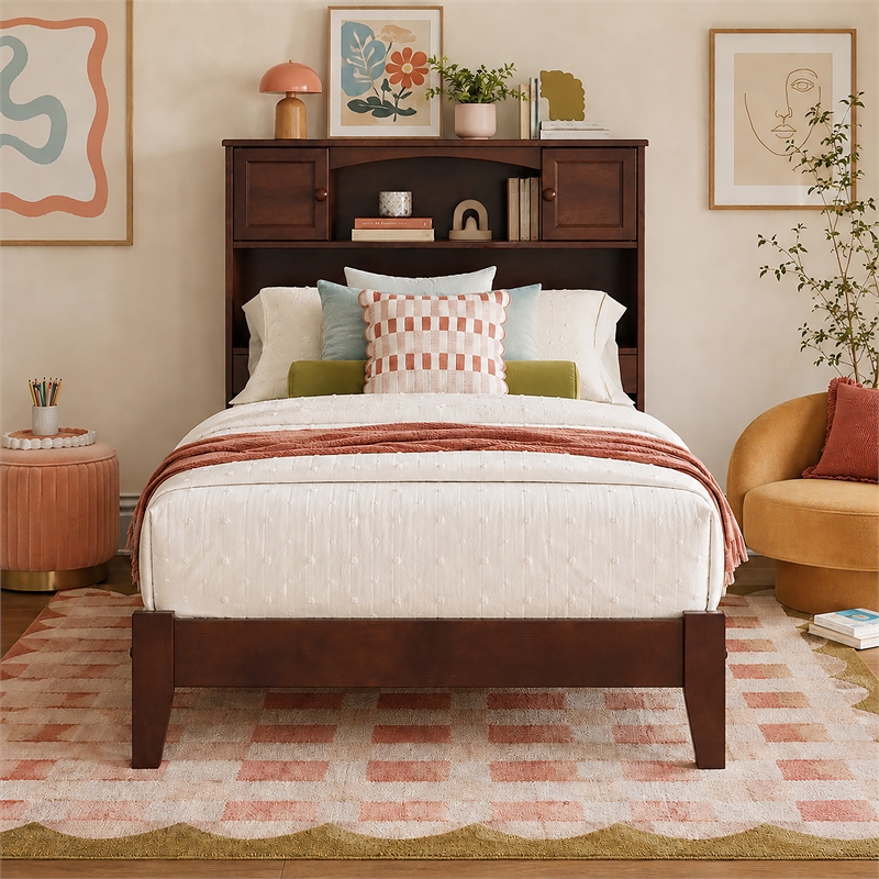 Pemberly Row Twin XL Wood Foundation Bed with Bookcase Headboard in Walnut
