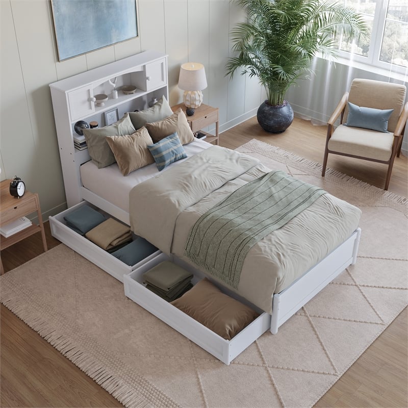 Pemberly Row Twin XL Wood Platform Bed with Storage Drawers in White