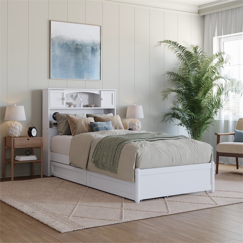 Pemberly Row Twin XL Wood Platform Bed with Storage Drawers in White