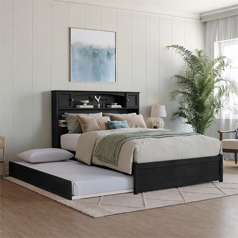 Pemberly Row Full Wood Platform Bed with Twin Trundle in Black