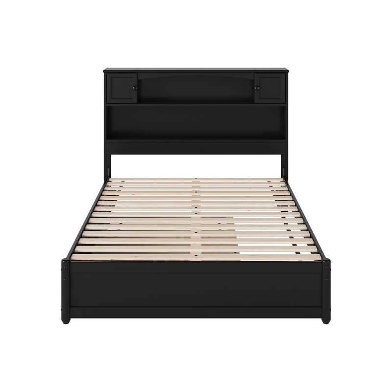 Pemberly Row Full Wood Platform Bed with Twin Trundle in Black