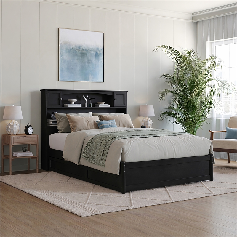 Pemberly Row Full Wood Platform Bed with Twin Trundle in Black
