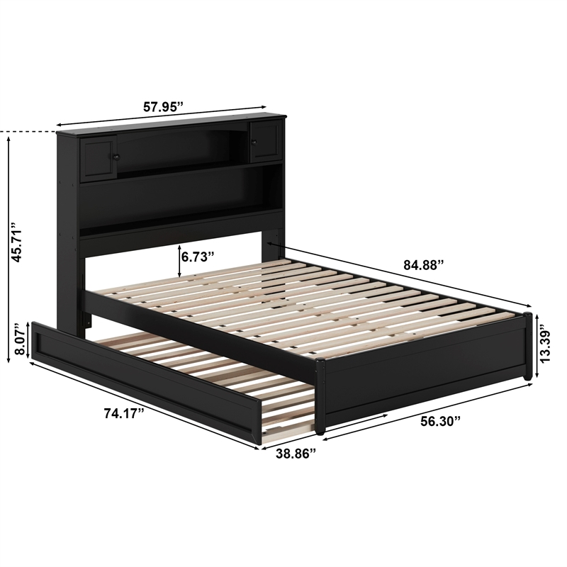 Pemberly Row Full Wood Platform Bed with Twin Trundle in Black