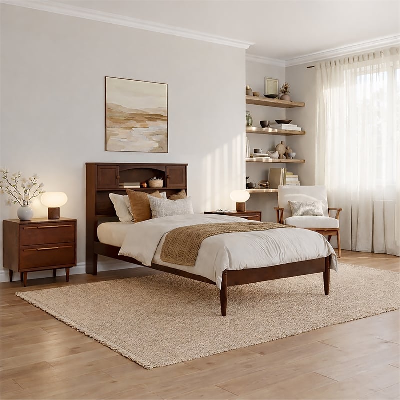 Pemberly Row Twin XL Wood Platform Bed with Storage Headboard in Walnut