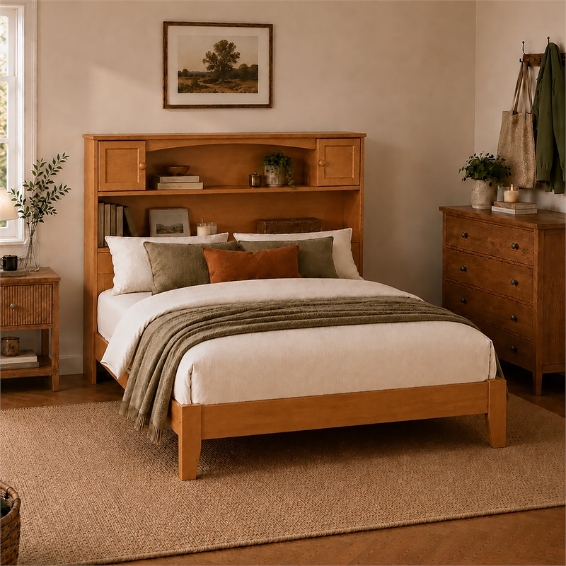 Pemberly Row Full Foundation Bed with Bookcase Headboard in Light Toffee