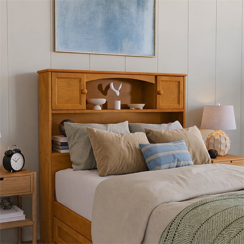 Pemberly Row Twin XL Wood Platform Bed with Storage Drawers in Light Toffee