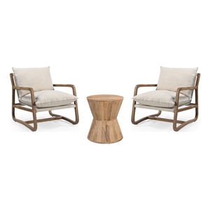 Pemberly Row Brown Hourglass Wood Coffee Table & Linen Armchair 3-Piece Set