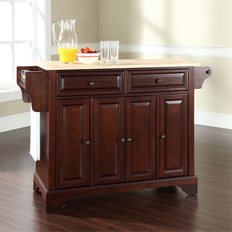 Pemberly Row Wood Kitchen Island with Natural Top in Mahogany Finish
