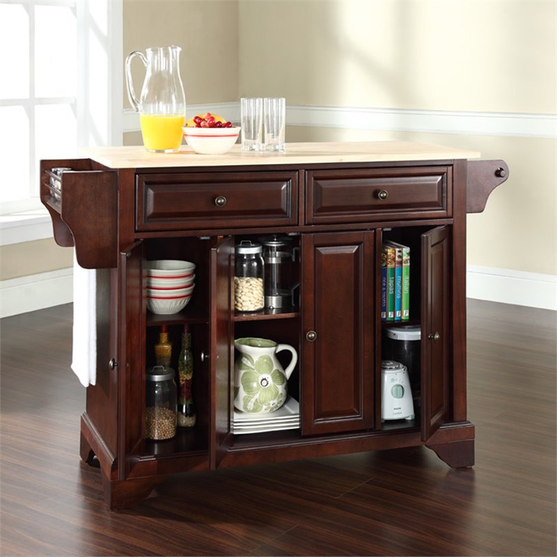 Pemberly Row Wood Kitchen Island with Natural Top in Mahogany Finish