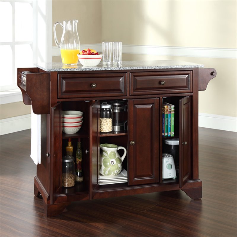 Pemberly Row Wood Kitchen Island with Gray Granite Top in Mahogany Finish