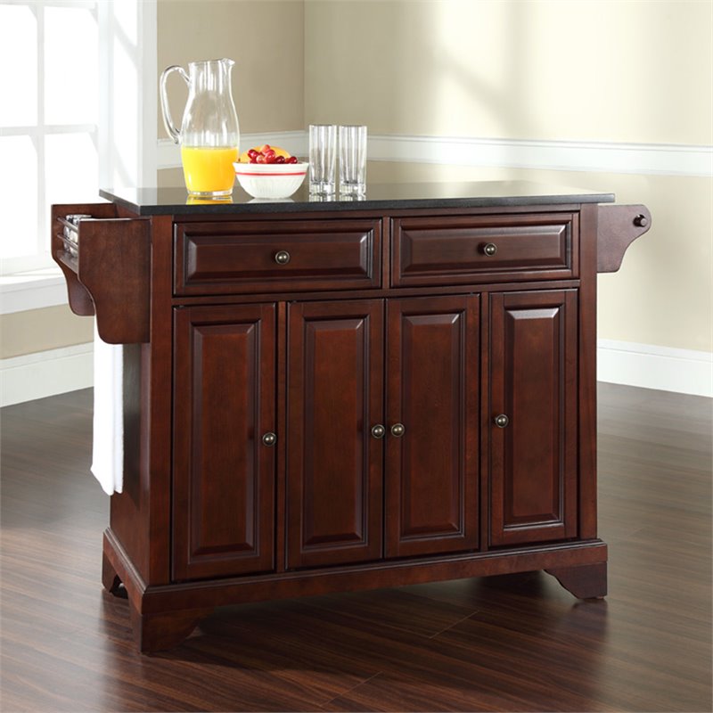 Pemberly Row Wood Kitchen Island with Black Granite Top in Mahogany Finish