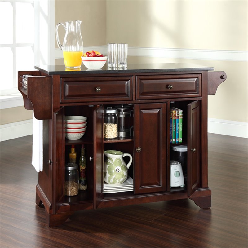 Pemberly Row Wood Kitchen Island with Black Granite Top in Mahogany Finish