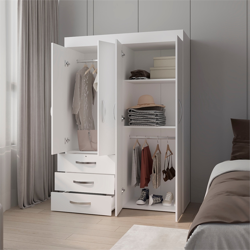 Pemberly Row Laurens 4-Door Wardrobe with Drawers and Shelves White
