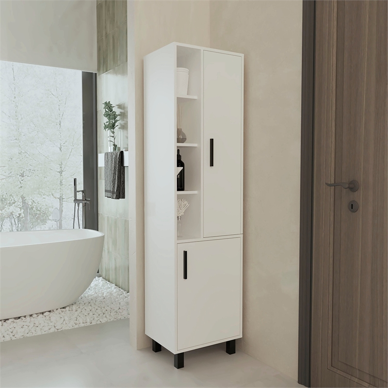 Pemberly Row Tall Linen Cabinet with Open Shelves & 2 Doors in White