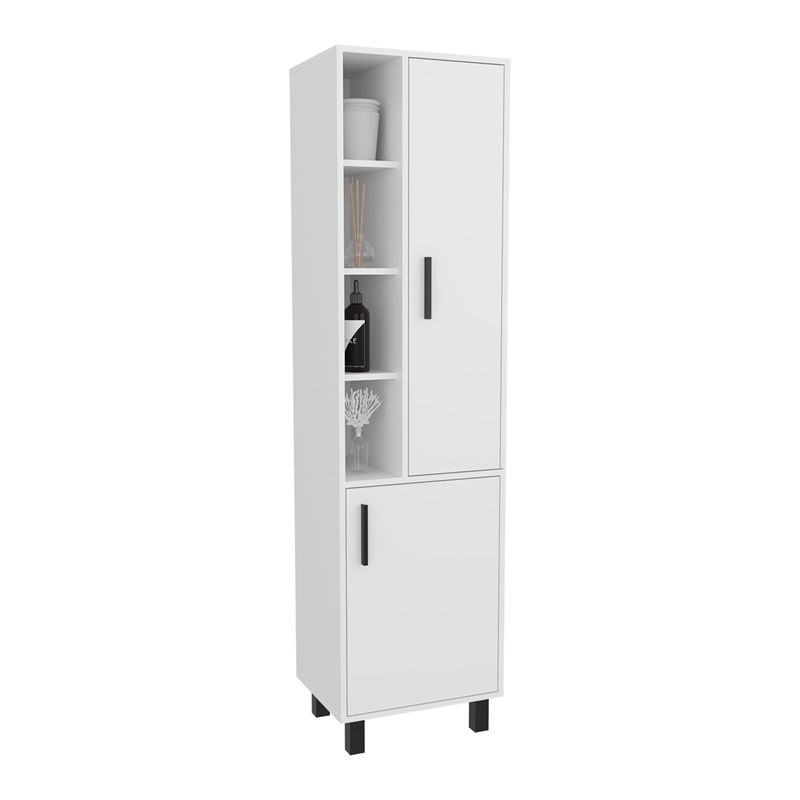 Pemberly Row Tall Linen Cabinet with Open Shelves & 2 Doors in White