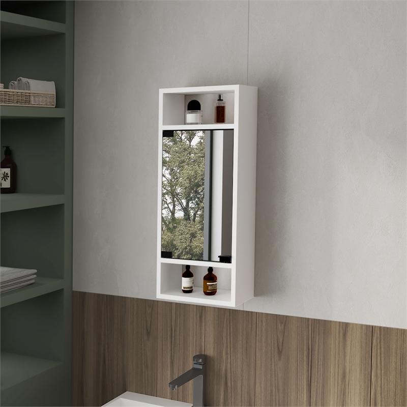 Pemberly Row Medicine Cabinet with Mirror Door & Open Storage in White
