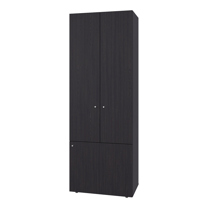 Pemberly Row Tall 3-Door Wardrobe Cabinet with 4 Shelves in Brown Finish