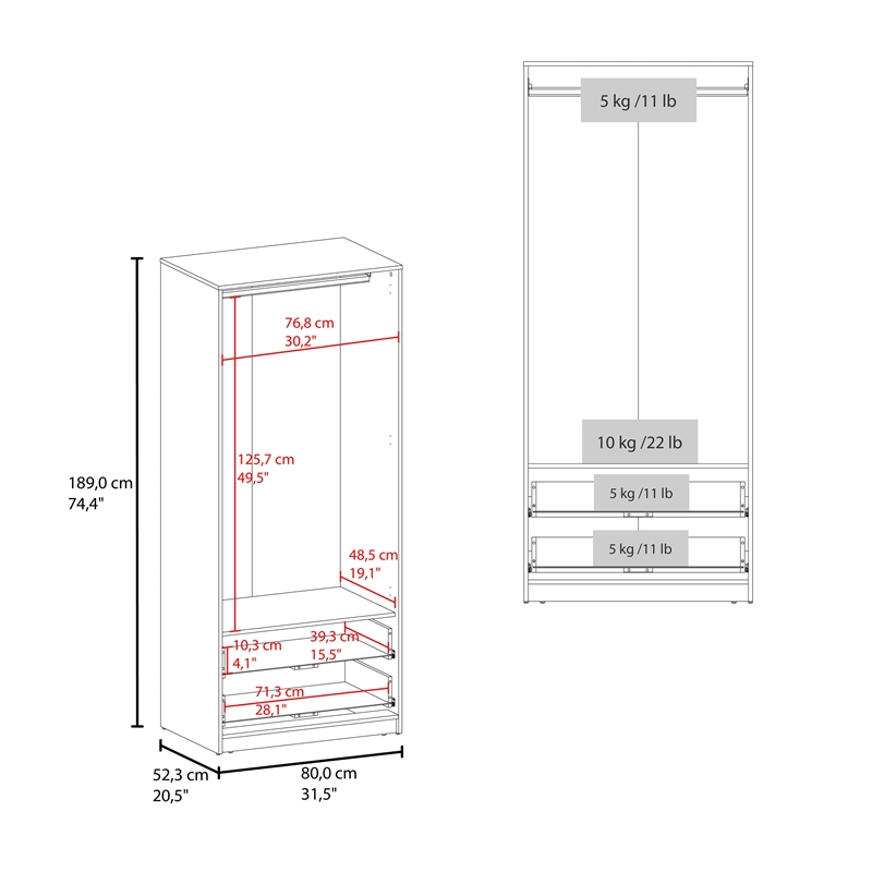 Pemberly Row 2-Door Wardrobe with Hanging Rod and Drawers in Brown Wood
