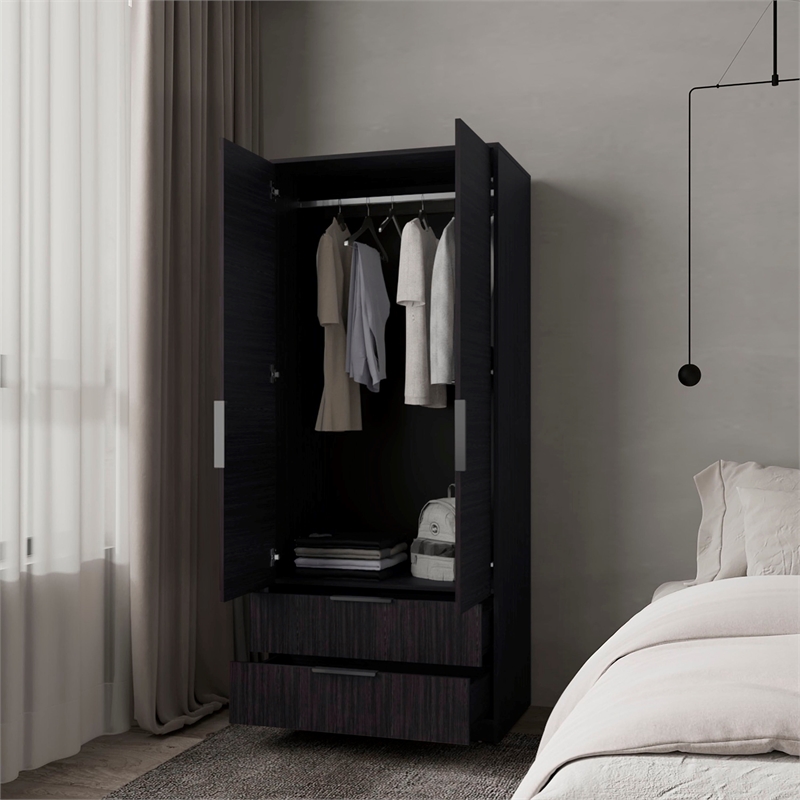 Pemberly Row 2-Door Wardrobe with Hanging Rod and Drawers in Brown Wood