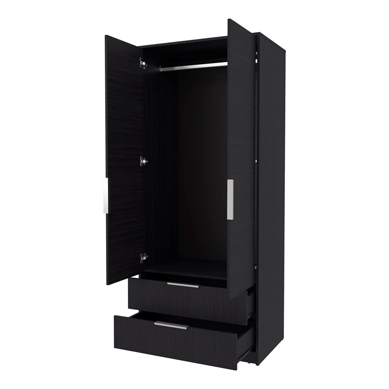 Pemberly Row 2-Door Wardrobe with Hanging Rod and Drawers in Brown Wood