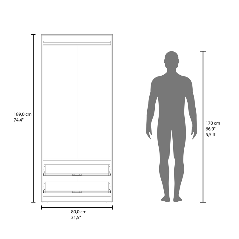 Pemberly Row 2-Door Wardrobe with Hanging Rod and Drawers in Brown Wood