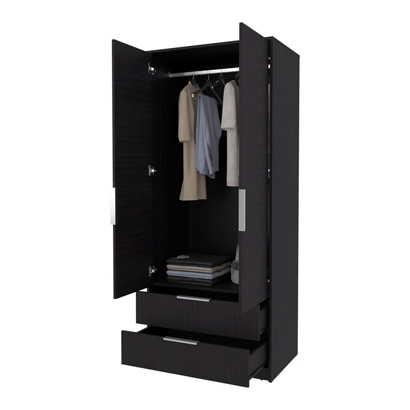 Pemberly Row 2-Door Wardrobe with Hanging Rod and Drawers in Brown Wood