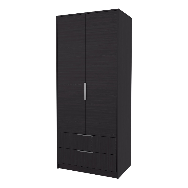 Pemberly Row 2-Door Wardrobe with Hanging Rod and Drawers in Brown Wood
